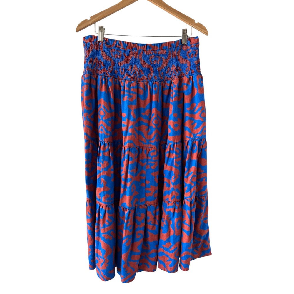 Nine West Linen Blend Smocked Tiered Midi Skirt Blue Red Abstract Boho Casual XL